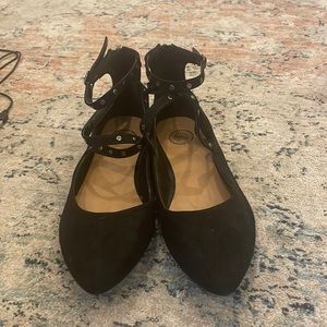 BLACK SUEDE FLATS WITH STUDDED STRAPS
